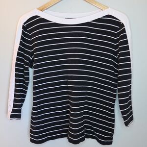 Chaps Boatneck Striped 3/4 Sleeve Top Womens L Black Boat Neck Grommets